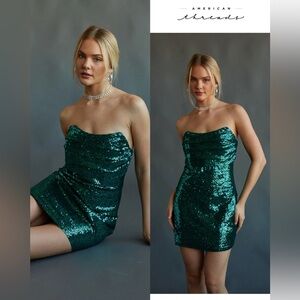 NWT American Threads Karina Sequin Corset Bodycon Mini Dress Emerald,S